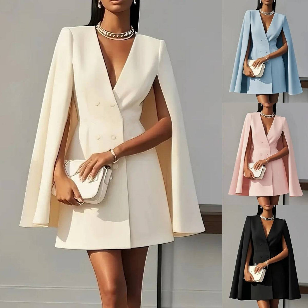 Shawl Cape Suit Dress - Commuter Style in apricot, blue, pink, and black. Double-breasted mini dress with cape sleeves, available in sizes S-XXL.
