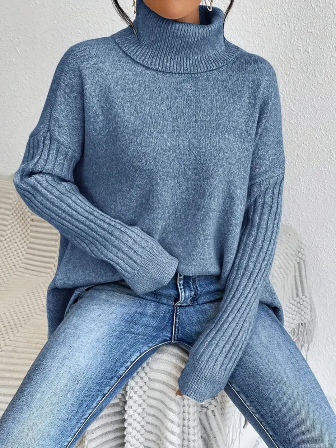 CozyWeave Women's Irregular Turtleneck Sweater - Loose Fit Winter Knit for Warm Layering