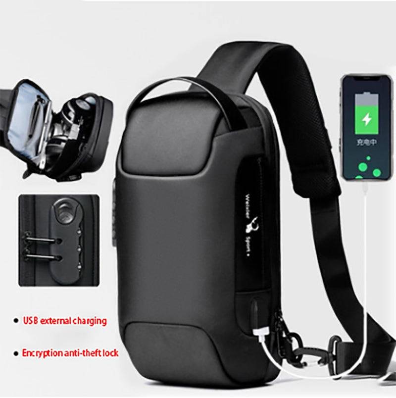 Black waterproof anti-theft crossbody bag with multiple pockets, zipper closure, soft handle, and USB charging port for travel
