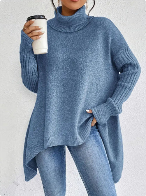 CozyWeave Women's Irregular Turtleneck Sweater - Loose Fit Winter Knit for Warm Layering