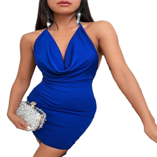 Blue V-neck halter dress with backless design and fitted silhouette. Trendy summer sling dress for chic women's clothing.