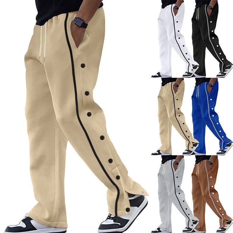Men's casual sports pants in multiple colors with side buttons and drawstring waist, offering a stylish and comfortable loose fit.