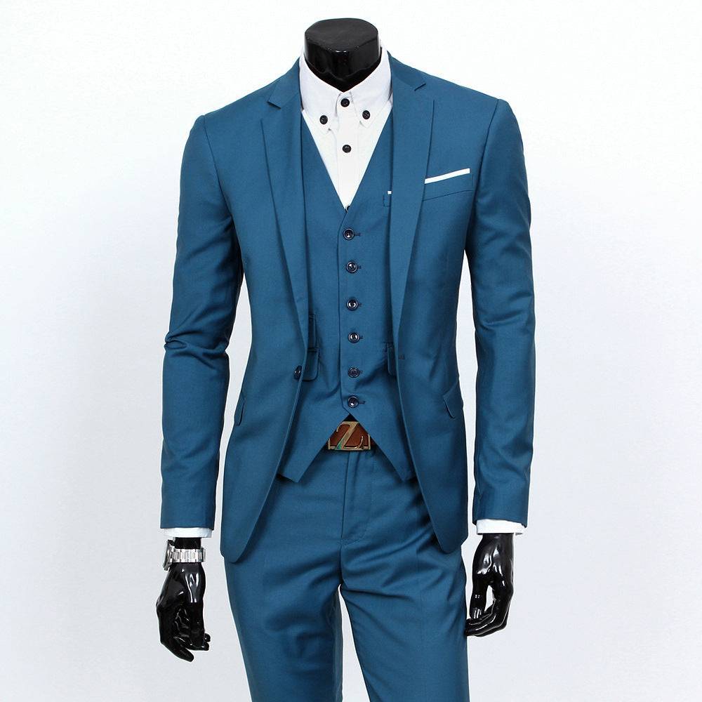Teal blue Men's Suit Set - One Button Work All-Match with modern cut and white shirt, ideal for stylish workwear or events.