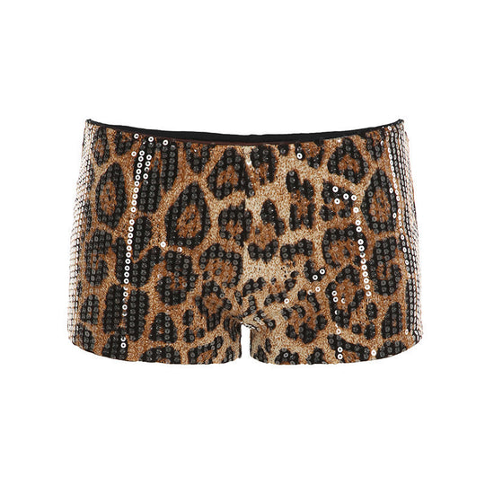 Brown leopard print women's sequined shorts with low waist and high elasticity, perfect for stylish summer wear.