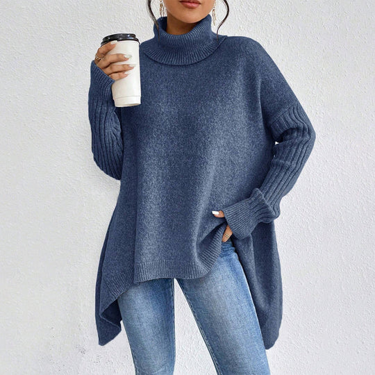 CozyWeave Women's Irregular Turtleneck Sweater - Loose Fit Winter Knit for Warm Layering