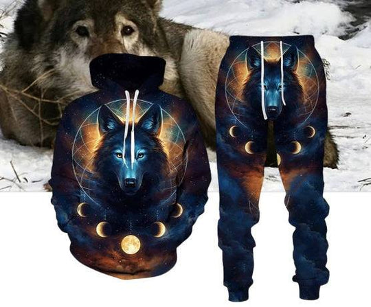 Wolf Set Suit - Hoodie Pants with mystical black wolf and moon phases design. Unique unisex outfit for celestial and nature lovers.