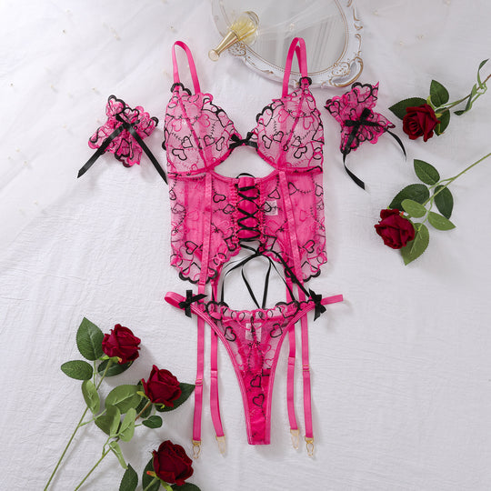 Women's Lightweight Lace-up Love Embroidered Underwear Three-piece Suit