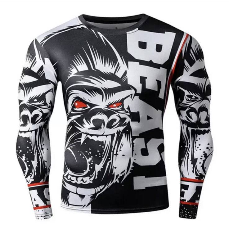 3D print long sleeve shirt with aggressive gorilla and 'BEAST' text, bold black and white athletic design, S-6XL.