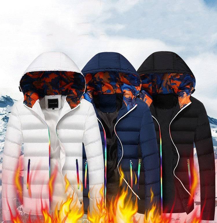 Teenagers down jacket with detachable collar in white, navy, and black colors, featuring colorful zipper accents and camo-lined hoods.