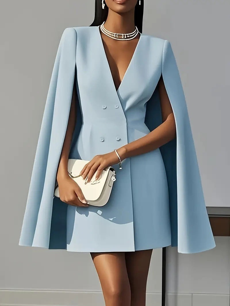 Blue Shawl Cape Suit Dress - Commuter Style featuring cape sleeves and a double-breasted front. Available in S to XXL sizes.