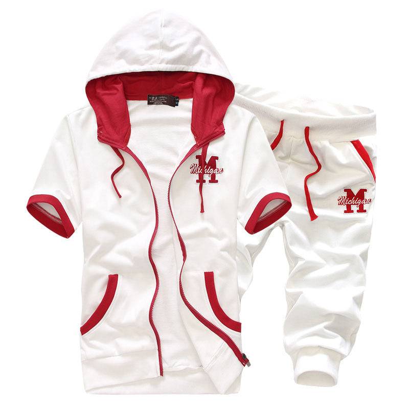 White men's hooded short sleeve sweater and shorts set with red accents and 'Michigan' logo, offering a fresh and sporty summer look.