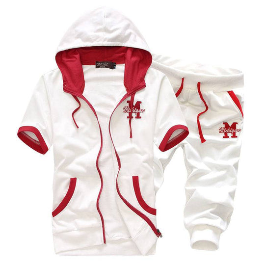 White men's hooded short sleeve sweater and shorts set with red accents and 'Michigan' logo, offering a fresh and sporty summer look.