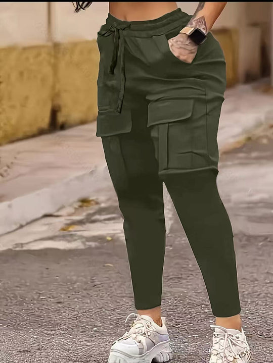 Army green European American solid work pants with pockets and ankle cuffs, offering a stylish and practical choice for women’s workwear.