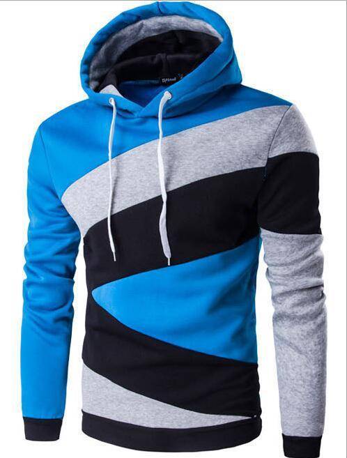 Men's casual hooded pullover sweater with blue, gray, and black color matching design for a modern, sporty look.