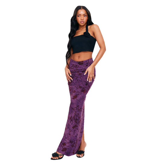 Model wearing Flocking Flower Sheath Skirt - Sexy Trendy Fashion in purple with floral print, paired with black crop top for chic street look.