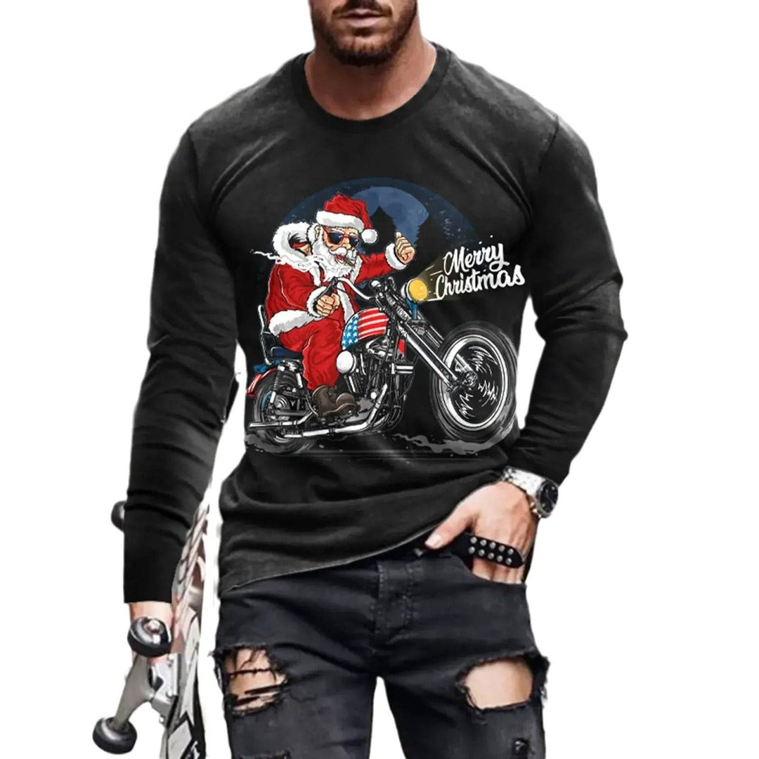 3D print holiday shirt with Santa riding motorcycle, 'Merry Christmas' text, black long sleeve festive shirt, S-6XL.