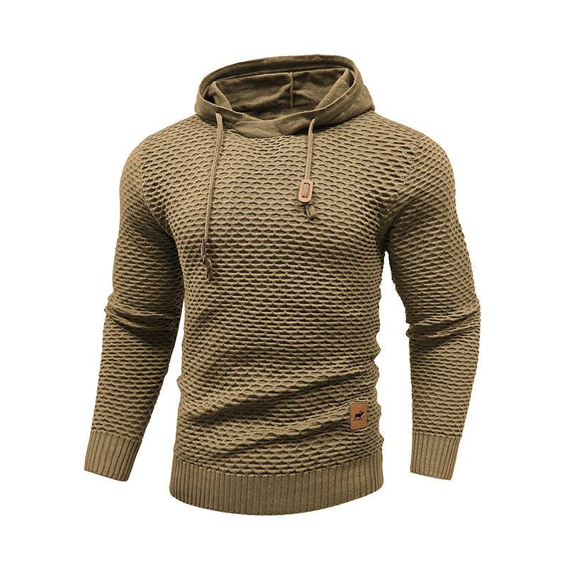 Khaki men's 3D pattern hoodie in solid color, perfect for casual wear and outdoor sports with soft polyester comfort.