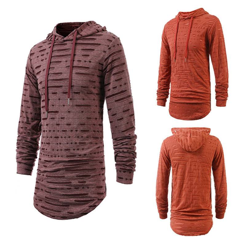 Versatile mid-length hooded sports T-shirt in maroon and rust colors with textured cutout design and long sleeves, ideal for casual wear.