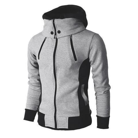 Light grey and black men's zip-up hooded jacket with slim fit and modern design, perfect for casual and sporty wear.
