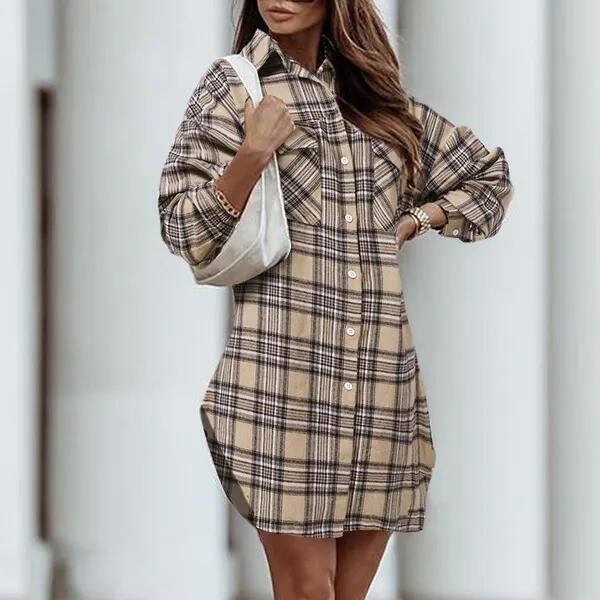 Women's Printed Plaid Plus Size Pocket Shirt Dress in khaki, styled with a white shoulder bag, ideal for casual and chic everyday wear.