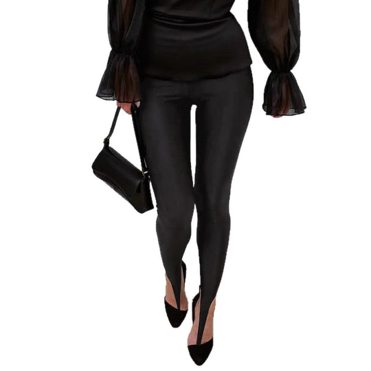 Front Step Shiny Leggings - Slim Fit Nylon Trousers in black, styled with sheer sleeve blouse and black heels, great for elegant streetwear.