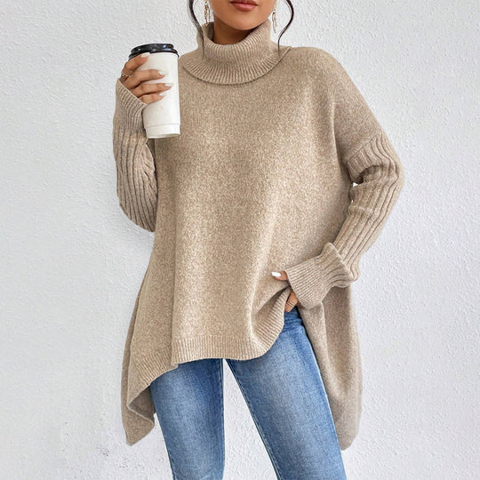 CozyWeave Women's Irregular Turtleneck Sweater - Loose Fit Winter Knit for Warm Layering