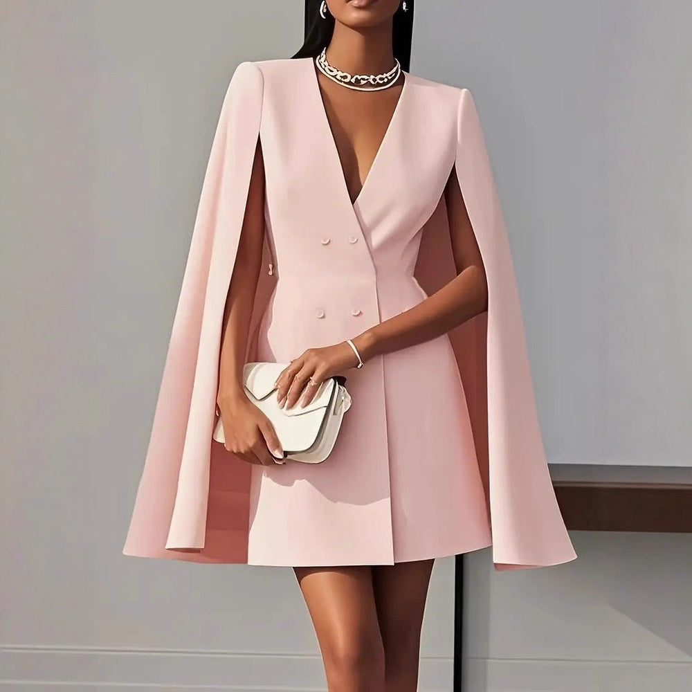 Pink Shawl Cape Suit Dress - Commuter Style with double-breasted front and cape sleeves. Elegant mini dress in size range S-XXL.