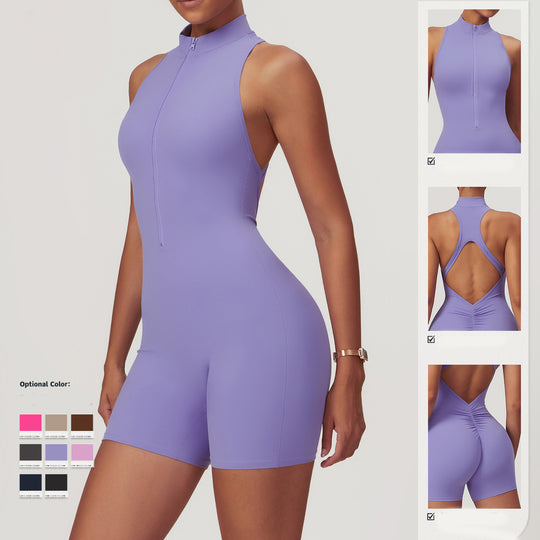ZenFlex Fitness Yoga Jumpsuit With Zipper - Backless Bodysuit With Built-In Shorts For Women