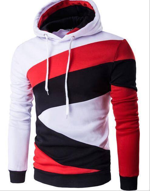 Men's hooded pullover sweater in red, black, and white with bold color matching design for casual and stylish wear.