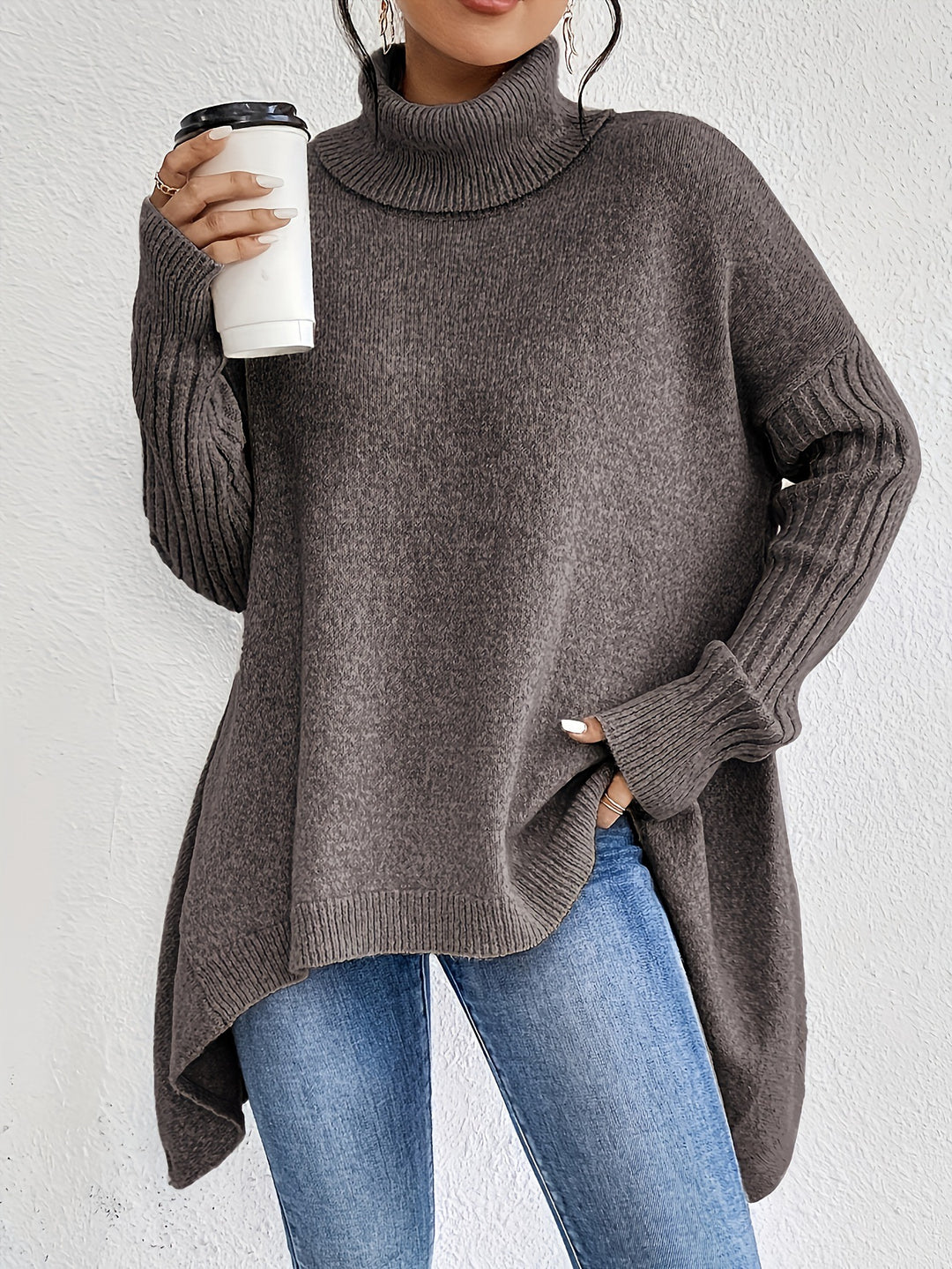 CozyWeave Women's Irregular Turtleneck Sweater - Loose Fit Winter Knit for Warm Layering