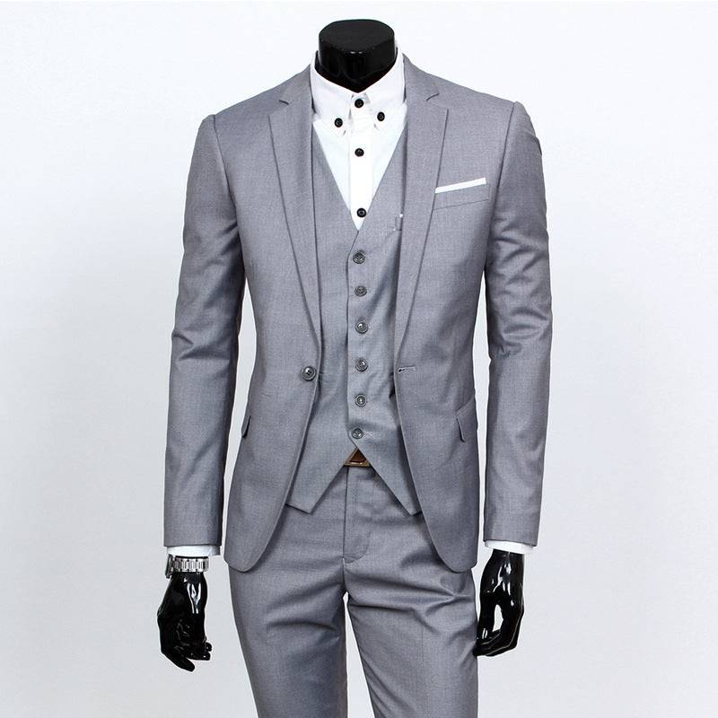 Light grey Men's Suit Set - One Button Work All-Match with matching vest and slim-fit pants, perfect for business or weddings.