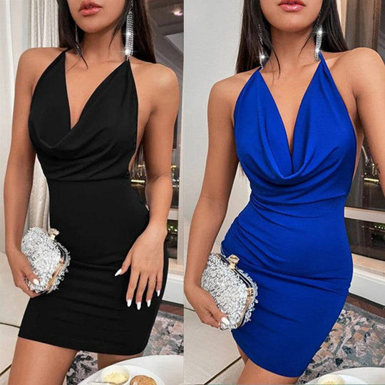 Side-by-side view of black and blue V-neck backless dresses with halter straps. Trendy summer sling style for chic women's fashion.