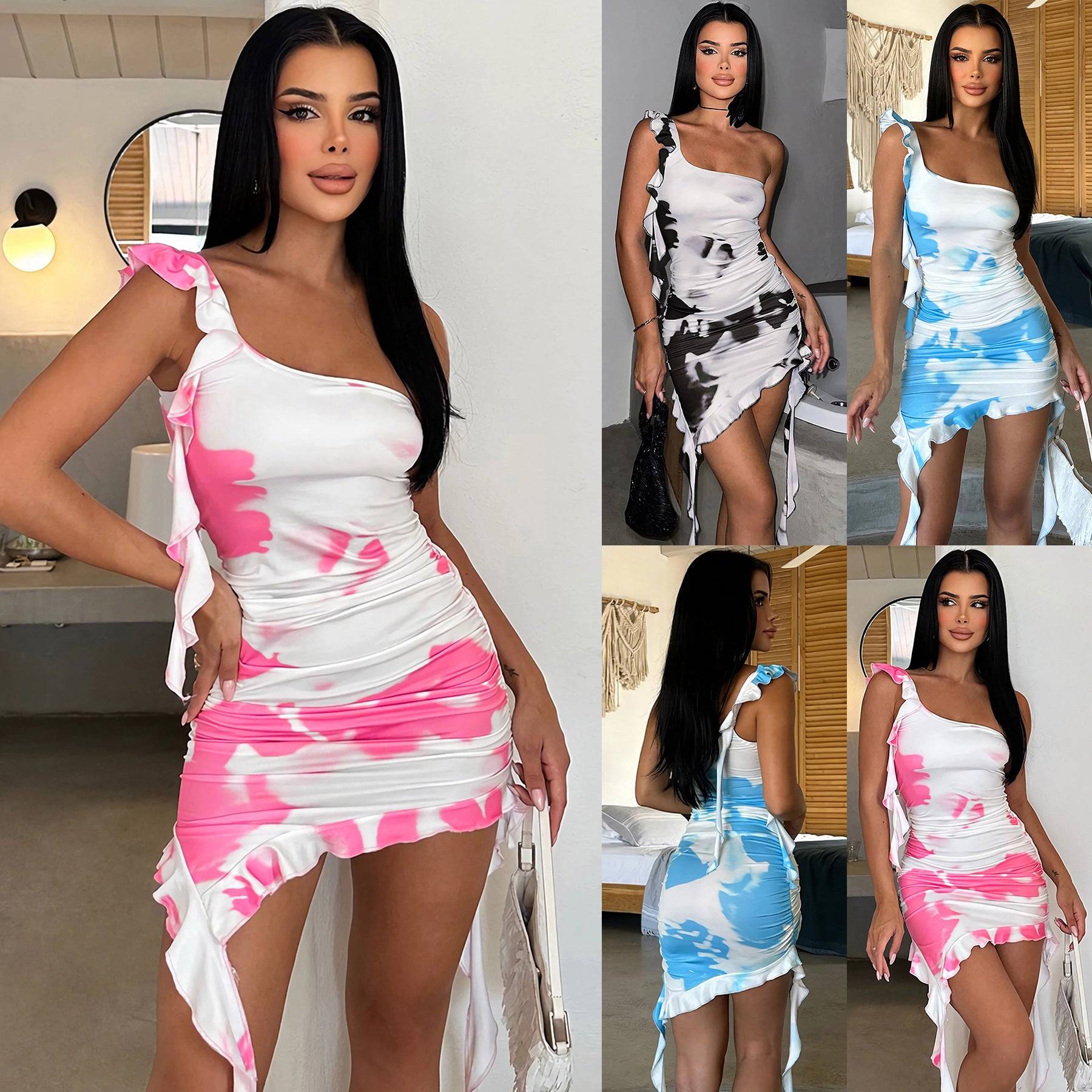 Tie-dye ruffle sheath dress in pink, black, and blue variants with asymmetrical hem and one-shoulder design. Elegant short skirt for women.