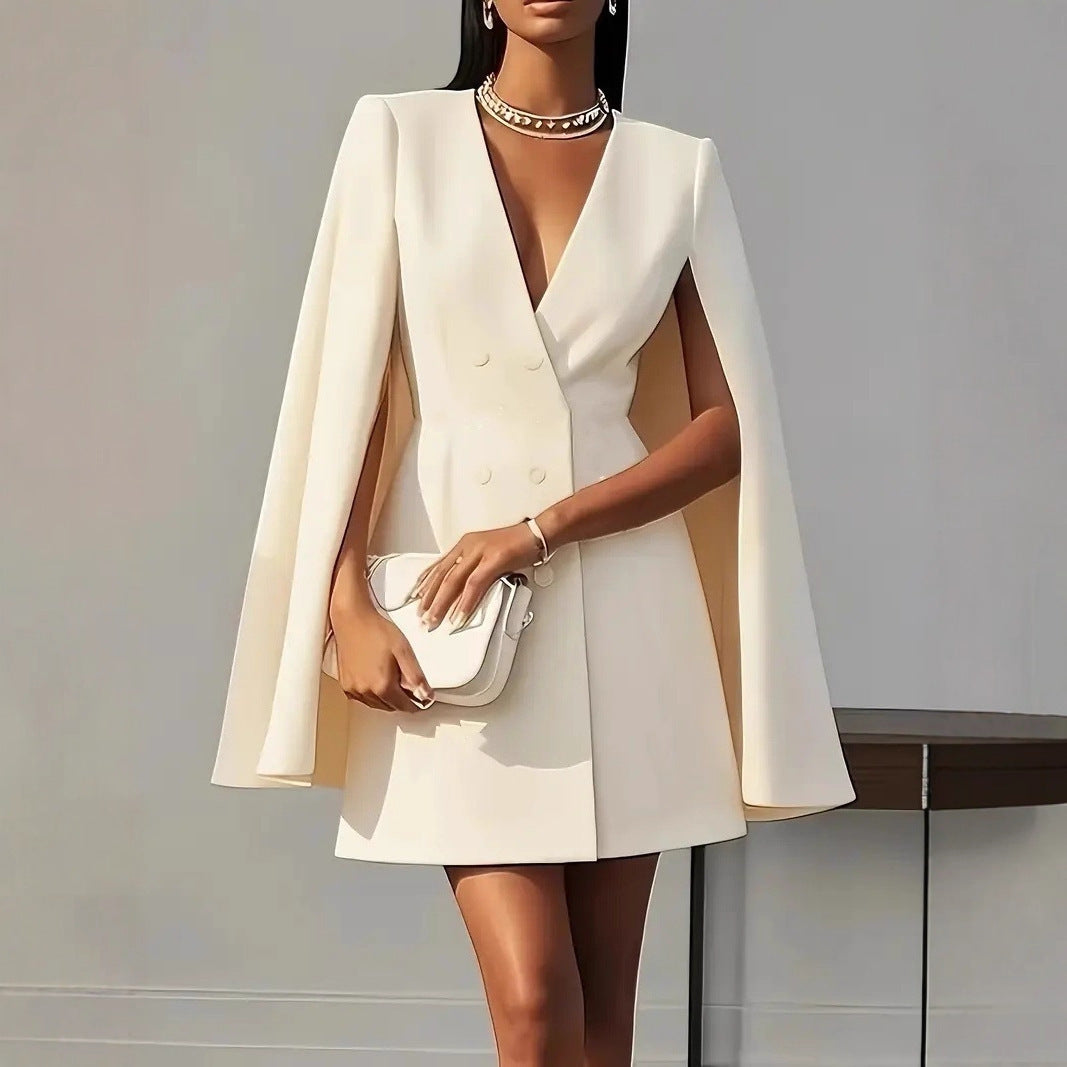 Apricot Shawl Cape Suit Dress - Commuter Style featuring a double-breasted design and cape sleeves. Chic mini dress in sizes S-XXL.