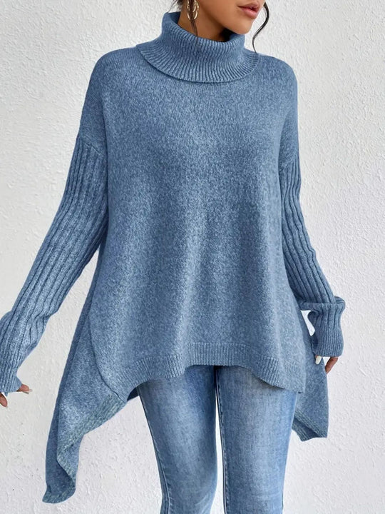 CozyWeave Women's Irregular Turtleneck Sweater - Loose Fit Winter Knit for Warm Layering