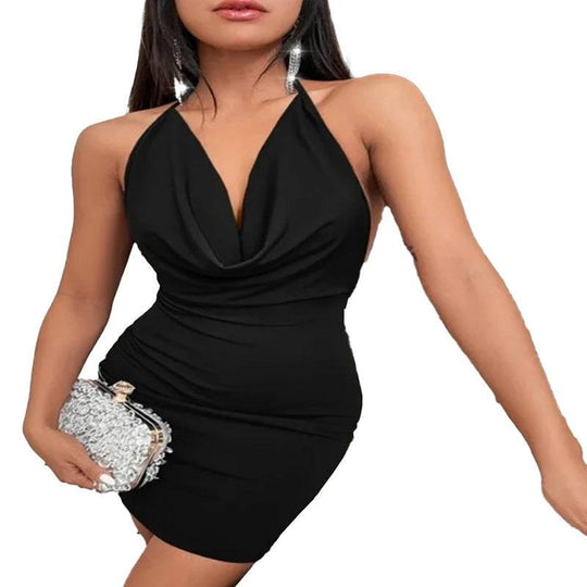 Black V-neck backless halter dress with ruched waist, perfect for summer fashion. Elegant and breathable for stylish occasions.