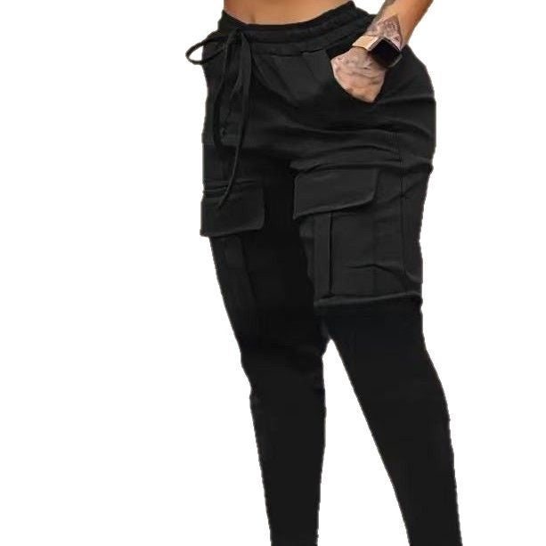 Front view of black European American solid work pants with drawstring waist and multiple pockets, ideal for women’s active or casual outfits.