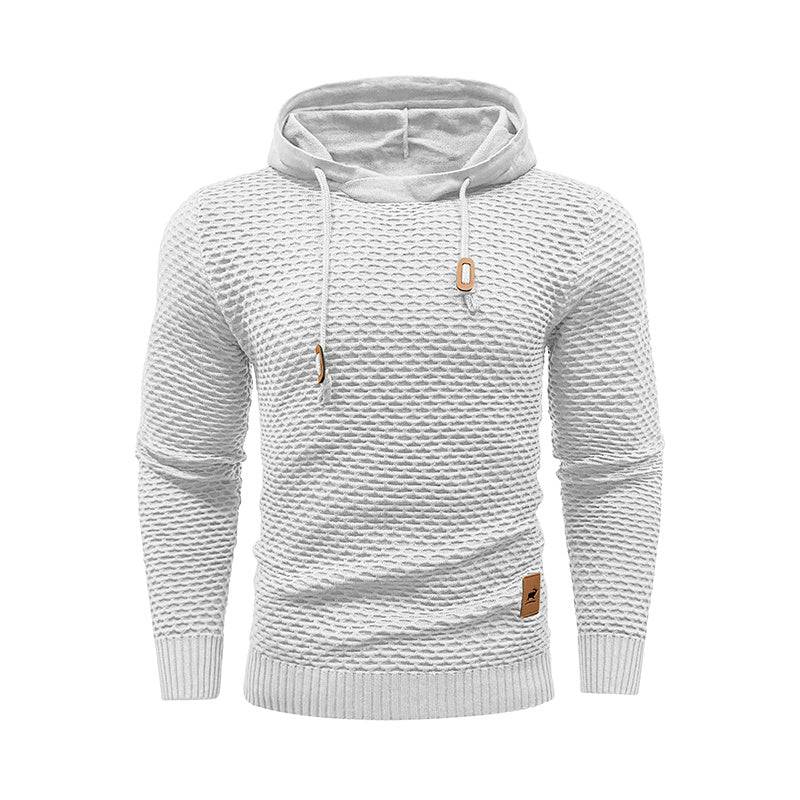 Men's solid white casual hoodie with 3D textured pattern, ideal for outdoor sports and everyday comfort in polyester fabric.