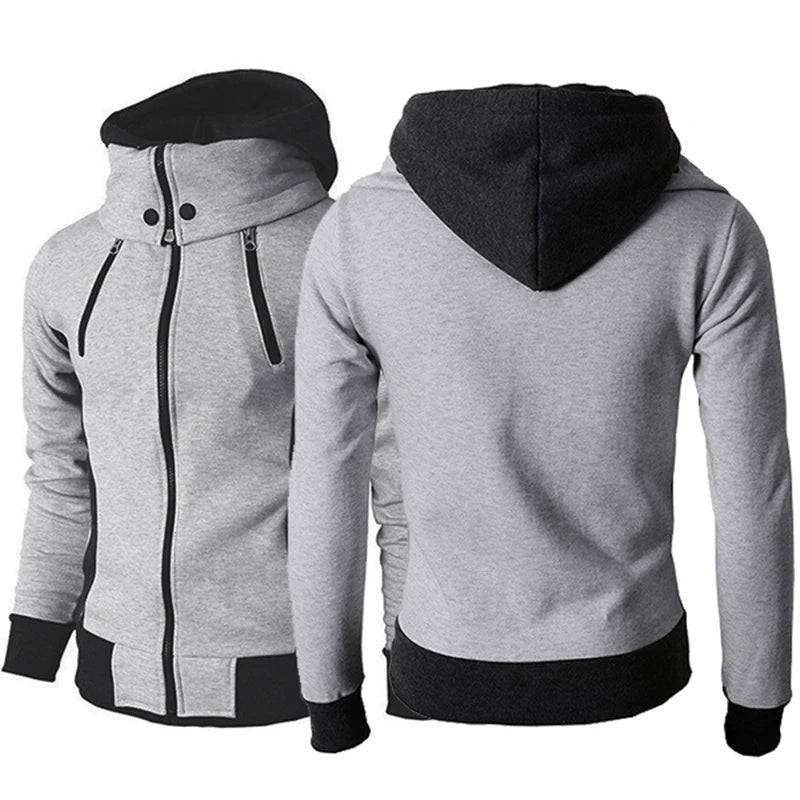 Front and back view of light grey men's zip-up hooded jacket with black accents, showcasing its slim fit and casual sporty design.