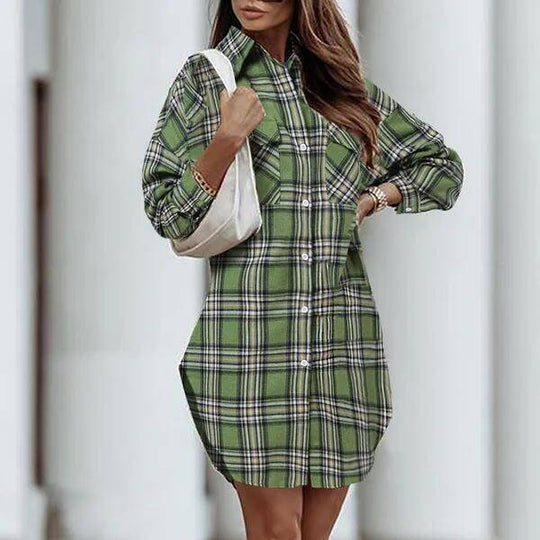 Women's Printed Plaid Plus Size Pocket Shirt Dress in green, featuring a relaxed fit and plaid pattern for a casual British-inspired look.