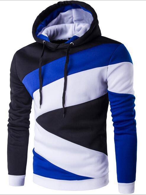 Color block men's hooded pullover sweater in blue, white, and black, perfect for casual and stylish outfits.