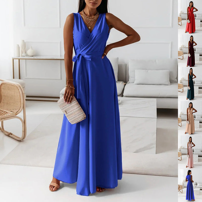 Royal blue V-neck sleeveless maxi dress for women with belt, ideal for summer parties or evening club events.