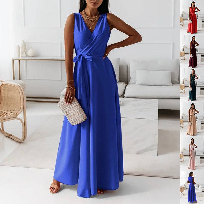 Royal blue V-neck sleeveless maxi dress for women with belt, ideal for summer parties or evening club events.