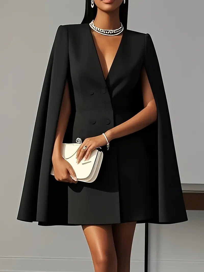 Black Shawl Cape Suit Dress - Commuter Style with elegant cape sleeves and tailored fit. Double-breasted mini dress in sizes S-XXL.