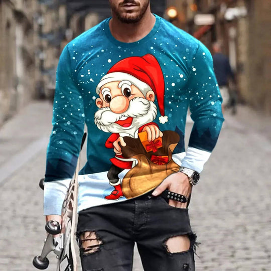 3D print holiday shirt with cartoon Santa holding gift sack, snowy background, long sleeve Christmas top, S-6XL.