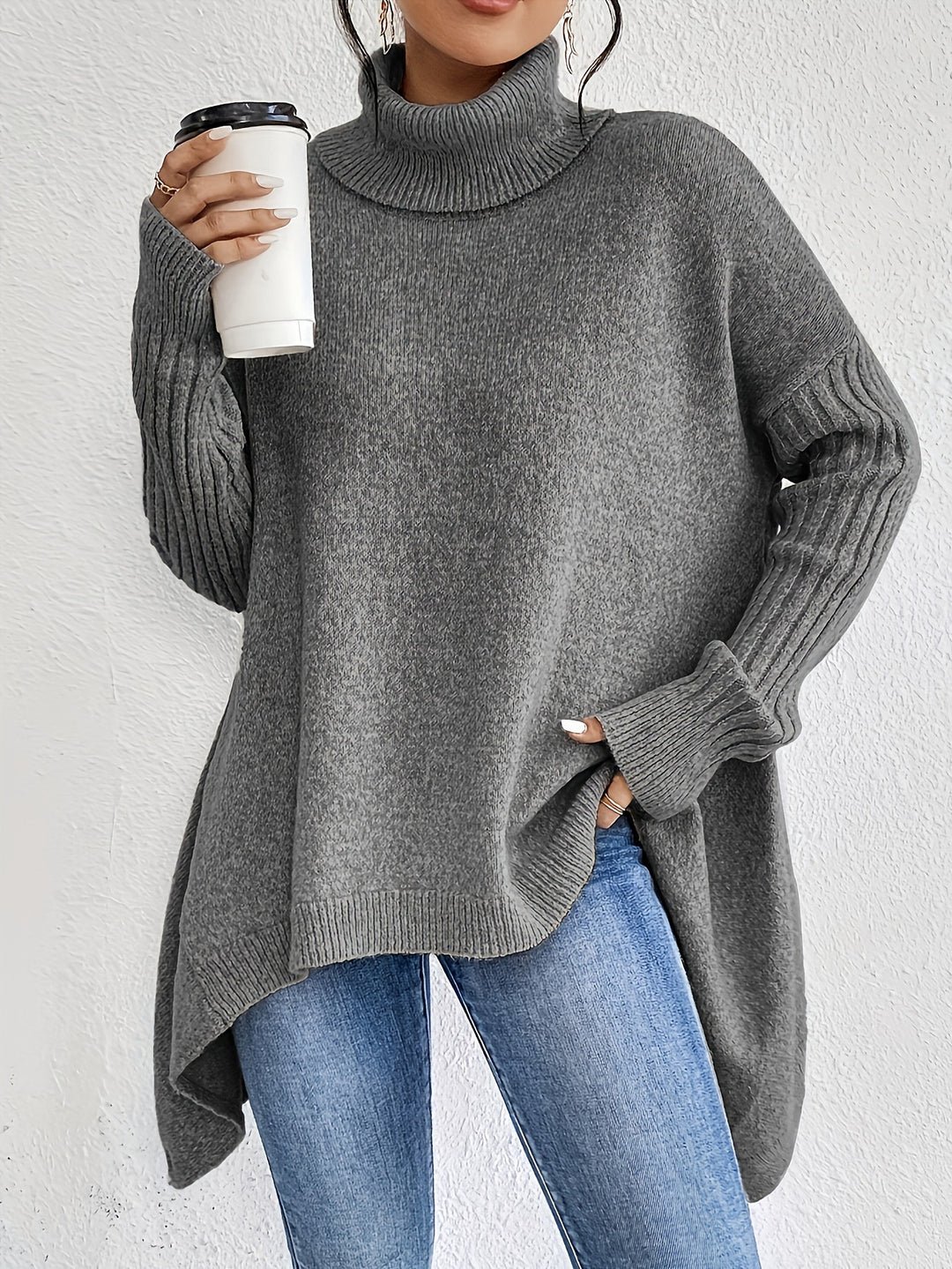 CozyWeave Women's Irregular Turtleneck Sweater - Loose Fit Winter Knit for Warm Layering