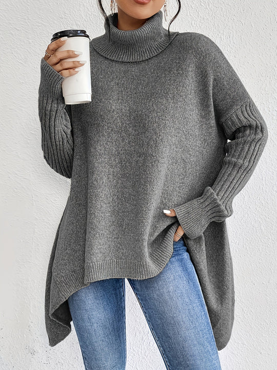CozyWeave Women's Irregular Turtleneck Sweater - Loose Fit Winter Knit for Warm Layering