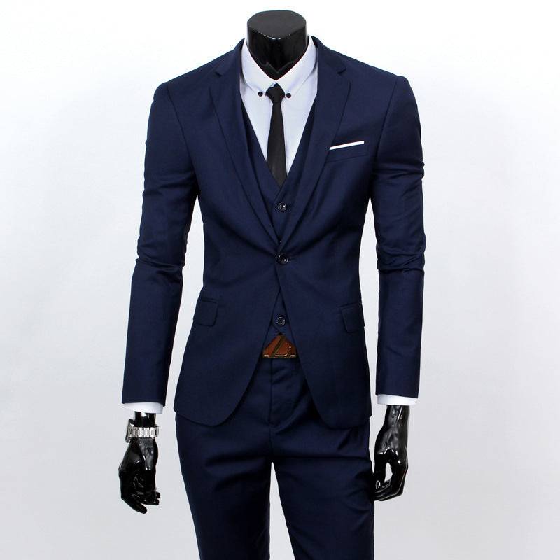 Navy blue Men's Suit Set - One Button Work All-Match with sleek silhouette and classic styling, great for professional settings.