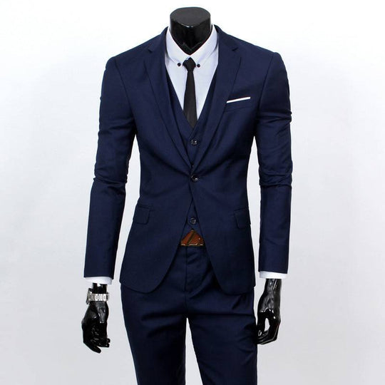 Navy blue Men's Suit Set - One Button Work All-Match with sleek silhouette and classic styling, great for professional settings.