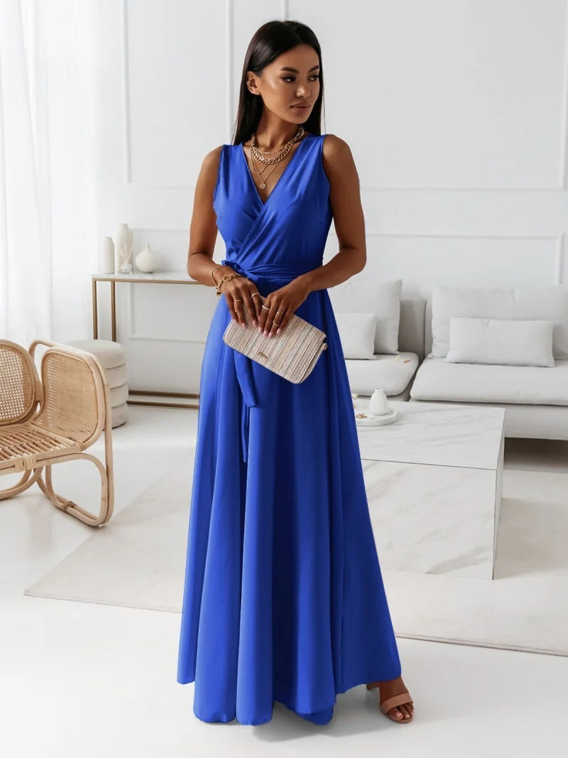 Elegant royal blue V-neck sleeveless maxi dress with belt, ideal for women's summer fashion and party wear.